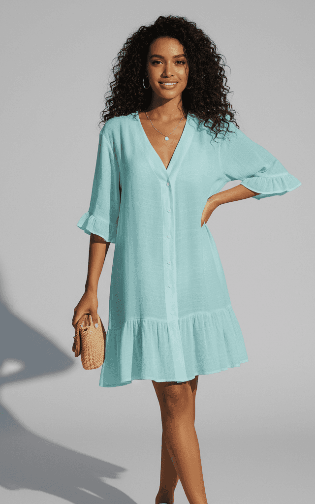 فستان ميدي بفتحة V وتصميم لف زائف بطبعة زهور نابضة بالحياة للمناسبات الشاطئية الصيفية