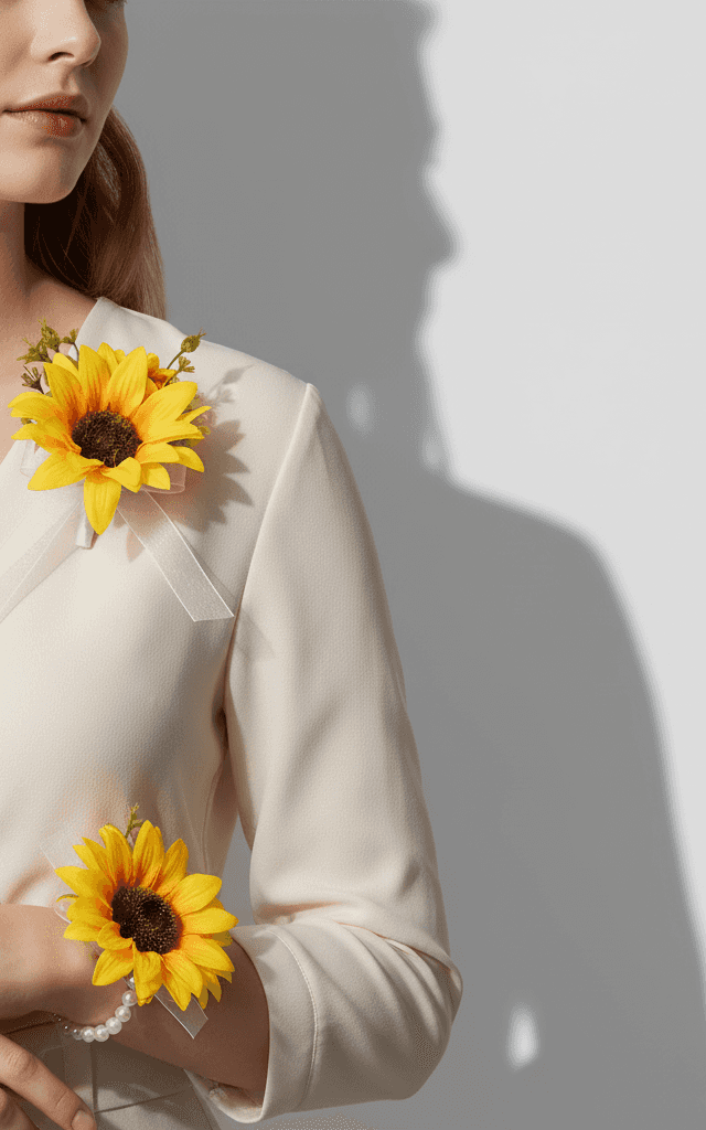 طقم كورساج وبوتونيير عباد الشمس النابض بالحياة مع سوار اللؤلؤ وشريط أبيض شفاف