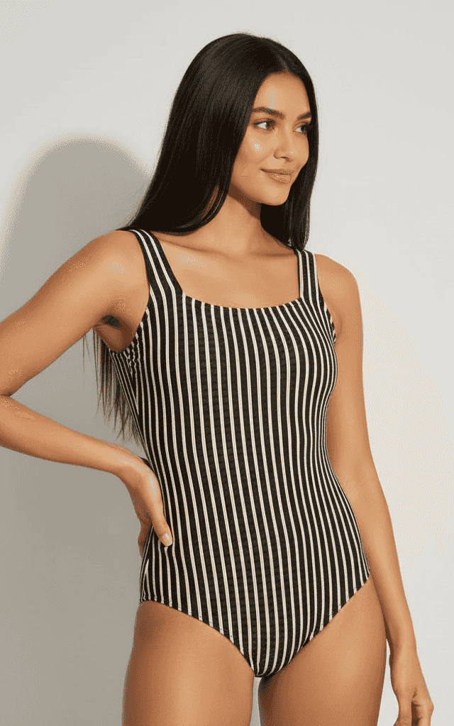 مايوه برقبة مربعة بخطوط عمودية سوداء وكريمية مع أشرطة سميكة وأسلوب رجعي