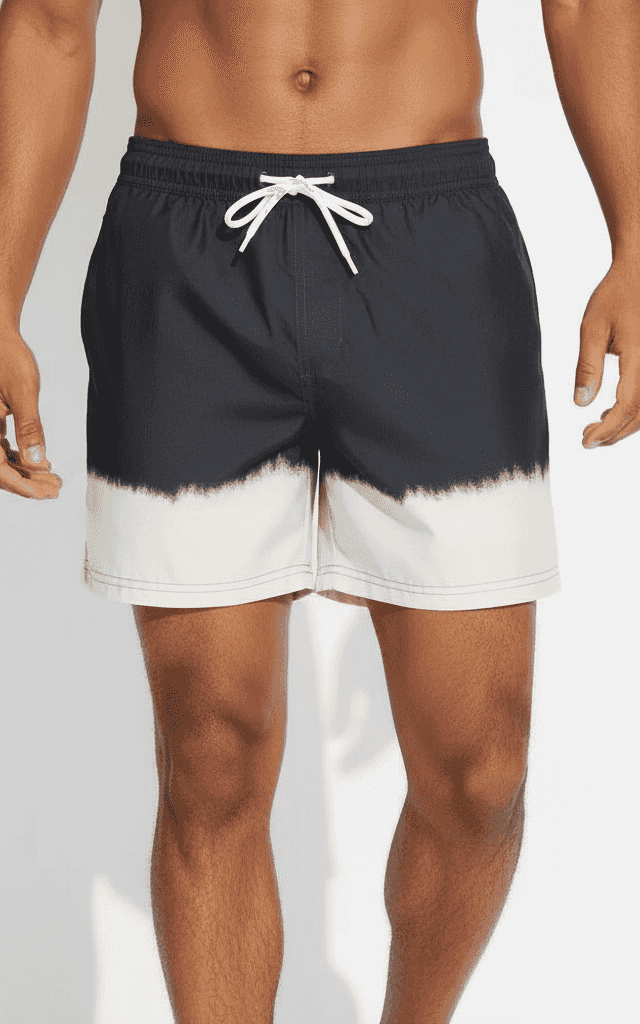 شورت سباحة أومبري بصبغ منقوع أسود وبيج، أعلى داكن مع تدرج أسفل فاتح، أسلوب صبغ ربطة عصري